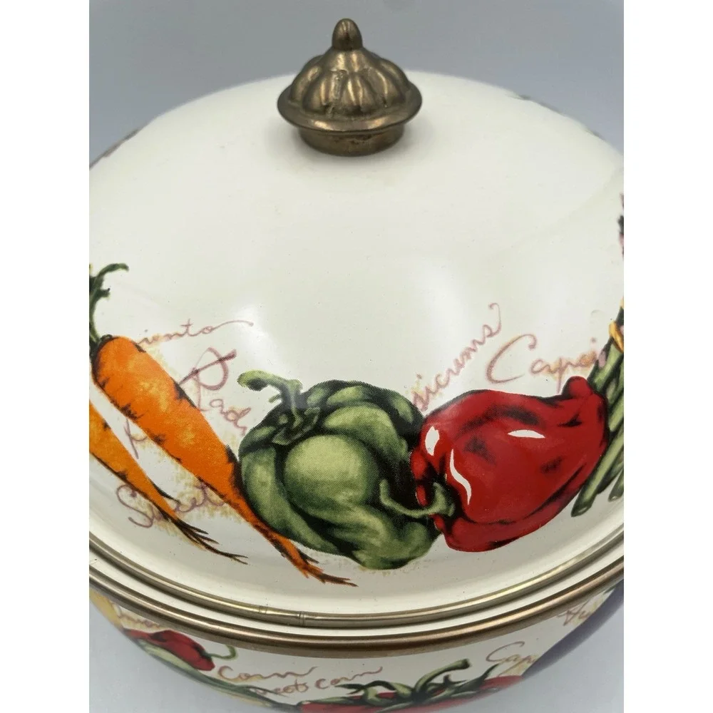 Vtg 3 Qt Farmers Market Enamel Ware Casserole Pot Brass Handles Vegetable Motif